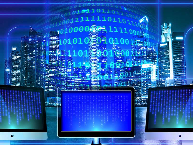 monitor with binary systems graphic to illustrate remote monitoring and management