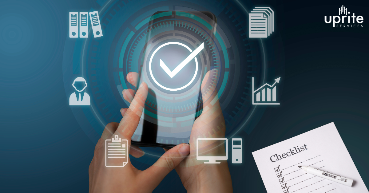 IT checklist for new office setup with laptops and network gear