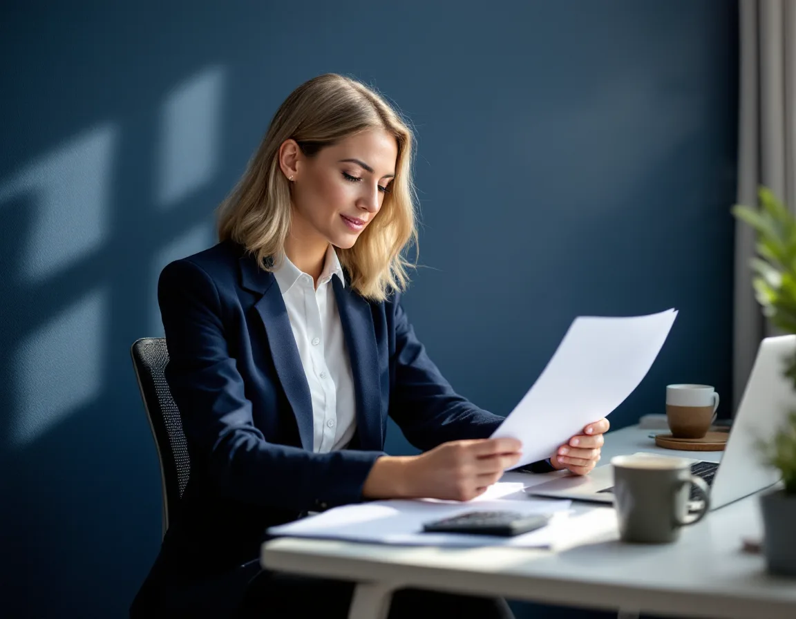 Small business owner at a desk reviewing a printed per-user security cost breakdown beside a laptop